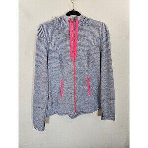 Lukka Lux Hoodie Jacket Large Black White Stripe Neon Pink Zip Thumbholes Gym
